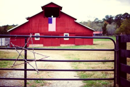 Old Red Barn Black Fence Christmas Star American Flag