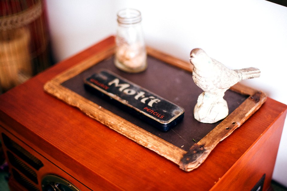 Bird Chalkboard Pencils Record Player