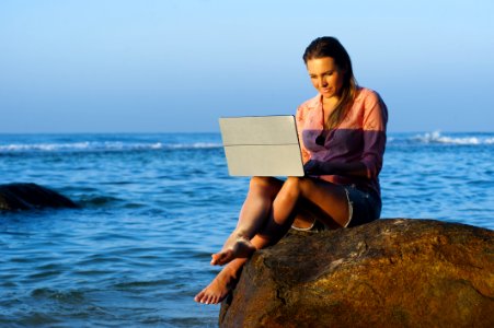 Woman Working On Laptop On Beach At Sea photo