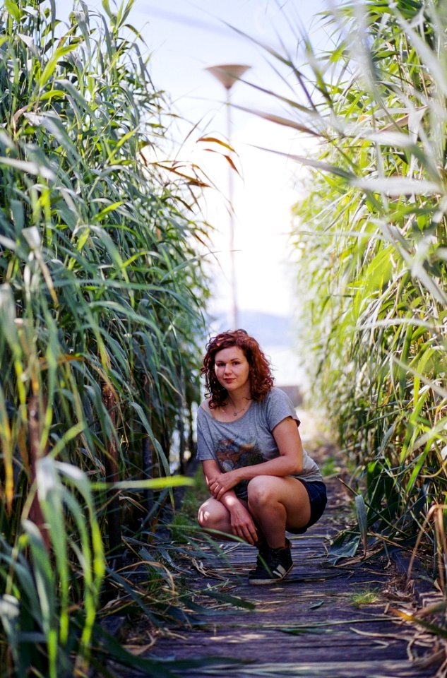 Woman In Gray And Red Scoop Neck T-shirt Seating In Between Of Green Plant During Daytime