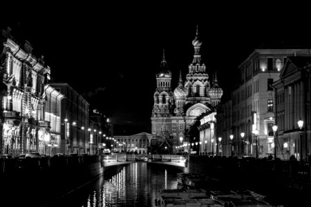 Night Landmark Reflection Black And White photo