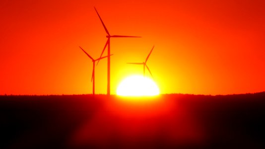 Silhouette Of Wind Turbines At Sunset photo
