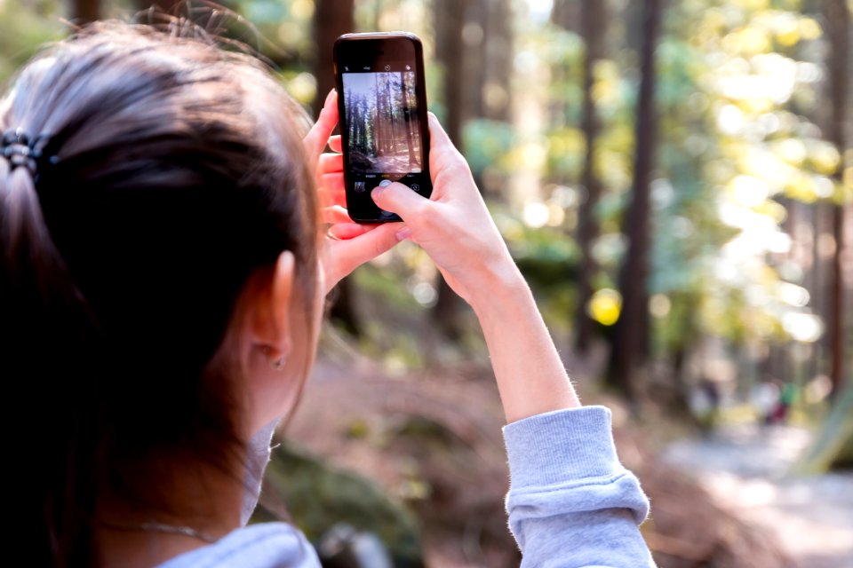Woman Using Her Smartphone While Taking The Picture The Forest