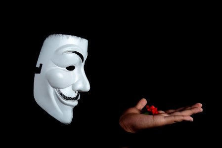 Photo Of Guy Fawkes Mask With Red Flower On Top On Hand photo