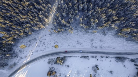 Aerial View Over Snowy Road photo