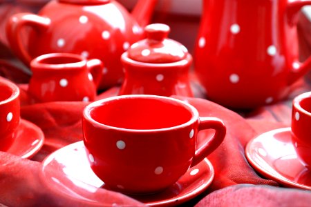 Red Cups Saucers And Teapot