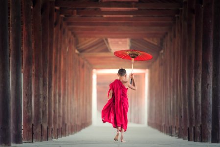 Monk With Umbrella In Hallway