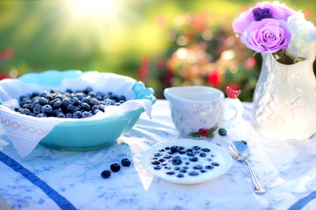 Bowl Of Blue Berries On A Table In A Garden On A Sunny Day photo