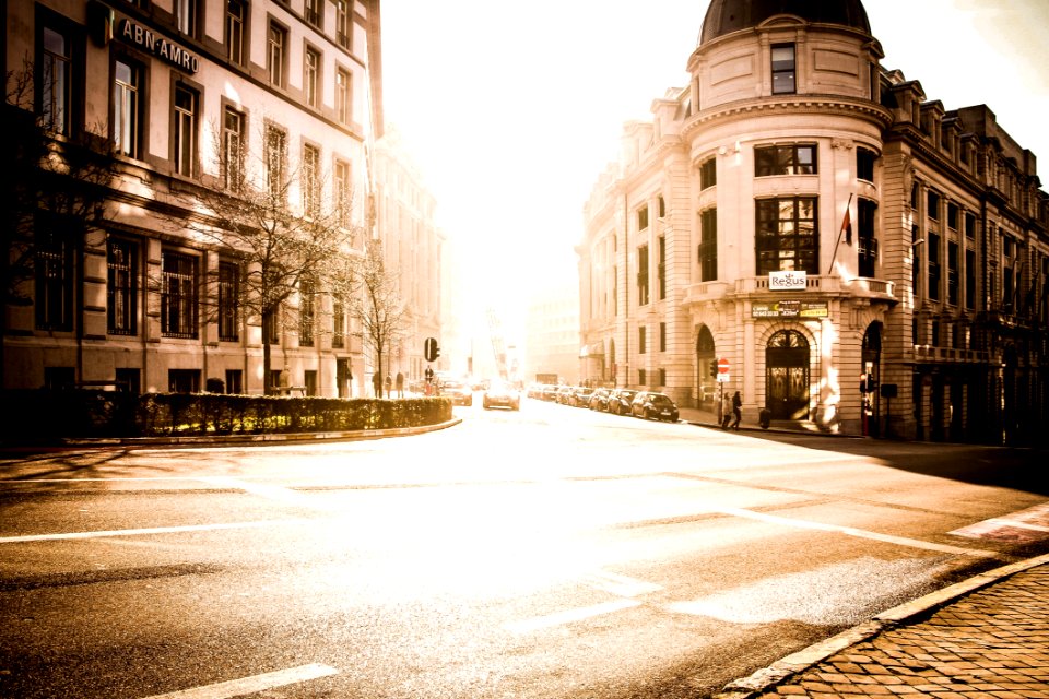 View Of City Street At Sunset