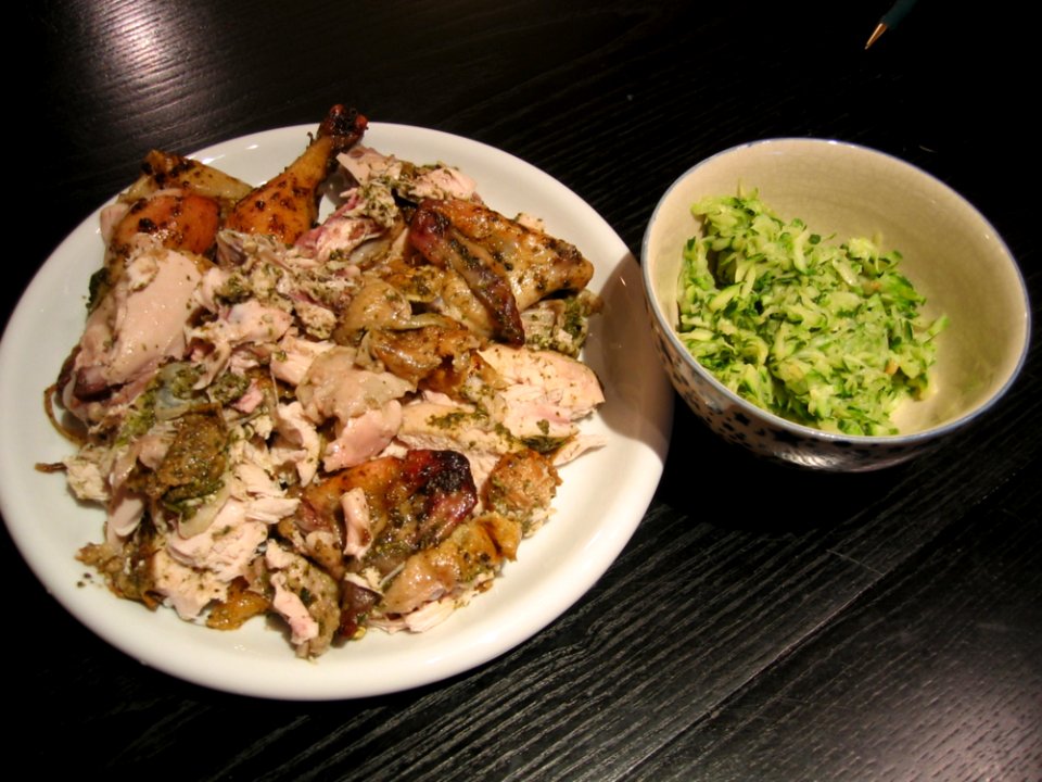 Barbs Pesto Roasted Chicken Zucchini Couscous And Heirloom Tomatoes With Olive Oil - Wed01Sep2004