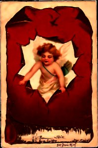 Vintage Valentine Cupid Ripping Through Red