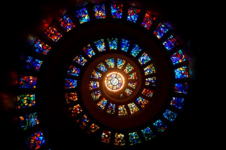 Worms Eye View Of Spiral Stained Glass Decors Through The Roof