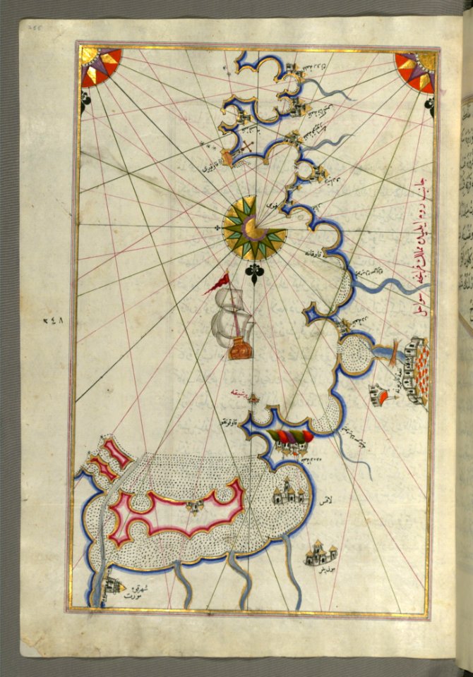 Illuminated Manuscript Map Of The Coast Around Narbonne (Nārbūnah) From Book On Navigation Walters Art Museum Ms W