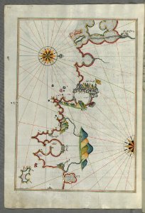Illuminated Manuscript Map Of The French Coast Around Marseille (Mārsilye) From Book On Navigation Walters Art Museum