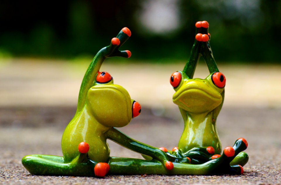 Green Ceramic 2 Frog Figurine Doing Exercise