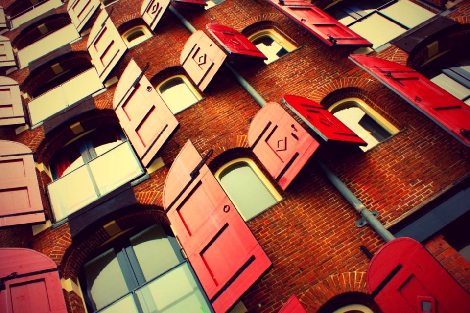 Windows With Red Shutters photo