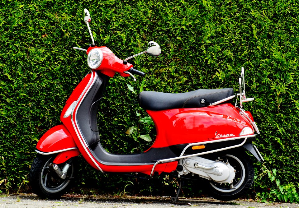 Red And Black Moped Scooter Beside Green Grass