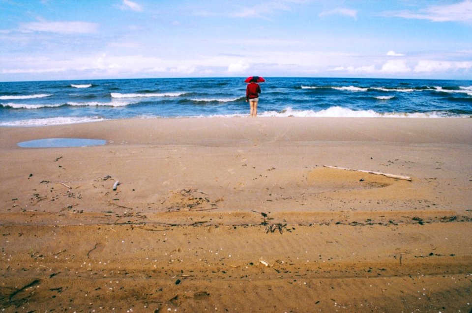 Man With Umbrella On Seacoast