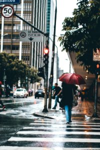 People Walking On Rainy City Sidewalk photo