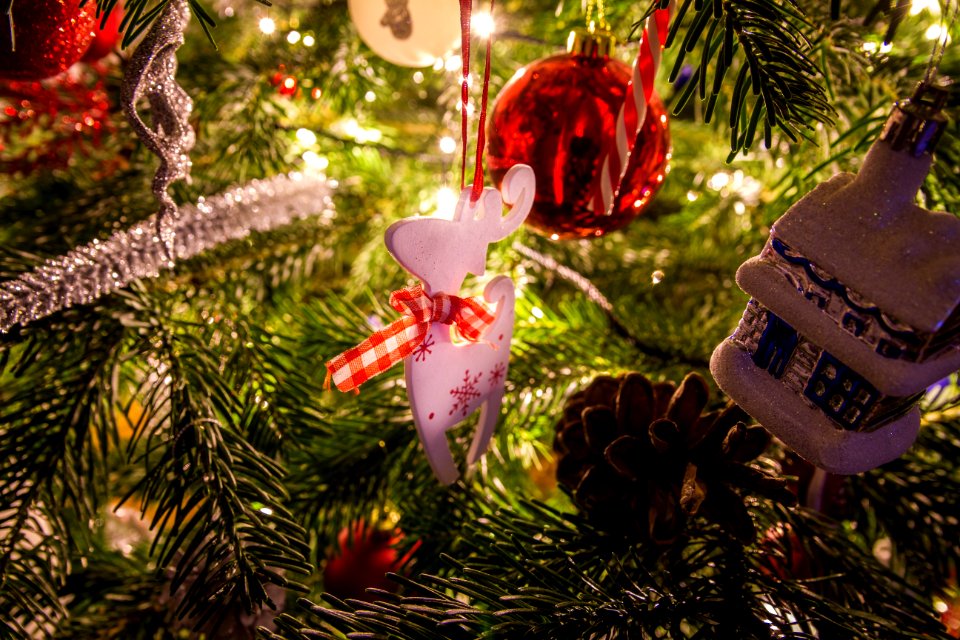 Reindeer Ornament Hanging On Christmas Tree