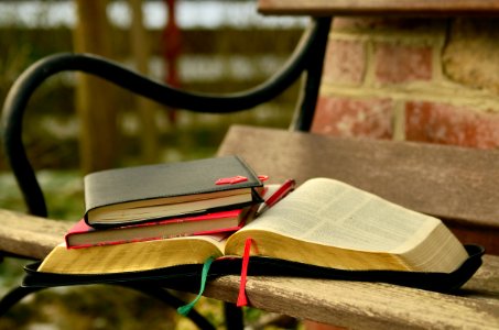 Black Open Book On The Brown Wooden Bench photo