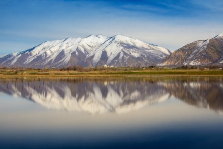 Snow Capped Mountains Reflecting In Lake photo