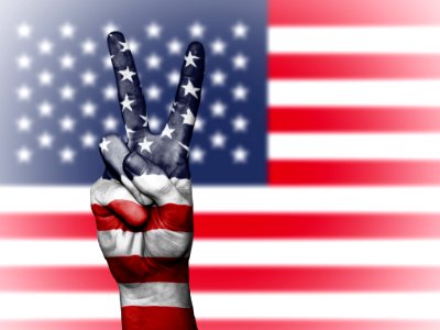 V Sign And American Flag photo