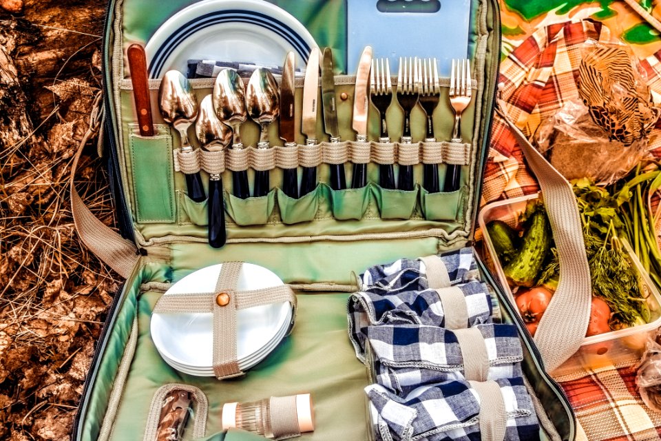 Open Picnic Bag With Cutlery And Tableware