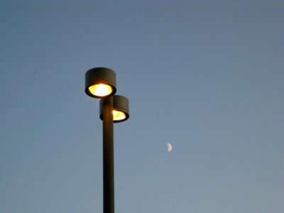 Twin-lamp-post-and-half-moon-in-the-background photo