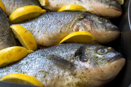 Sea Bream Fishes Ready To Be Baked In Oven With Lemon Wedges photo