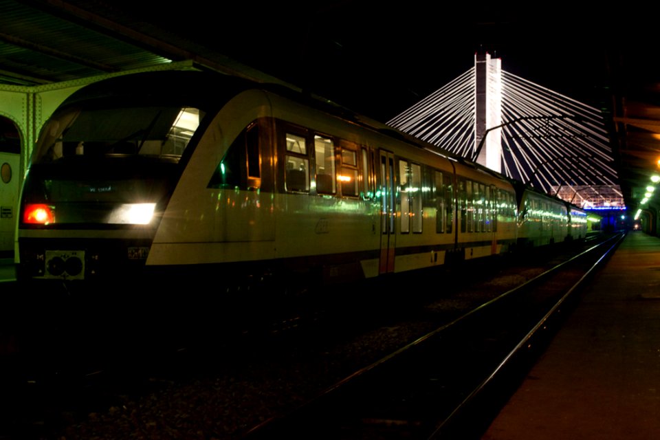 Blue Arrow Romanian Train Parked At Gara De Nord Station Basarab Overpass Is Seen In The Background