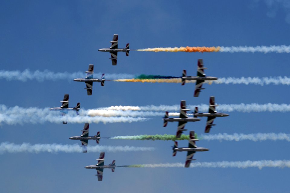 Italian Frecce Tricolori Air Acrobatics Planes Engaged In A Head-on Pass