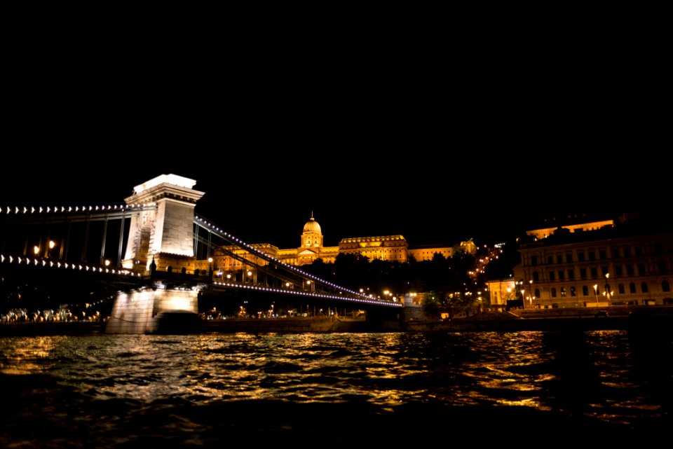 Castle And Bridge Over Danube River At Night photo