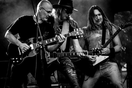 Group Of Men Playing Guitar In Concert In Grayscale Photo