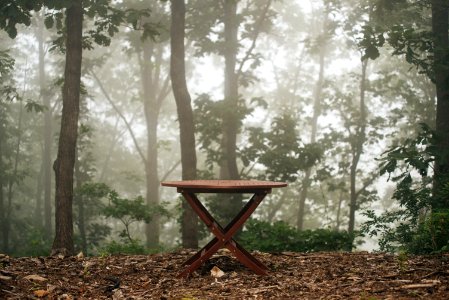 Wooden Table In Foggy Woods photo