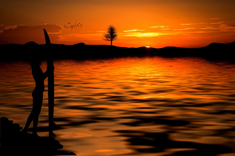 Person Holding A Surfboard Near The Sea On A Setting Sun