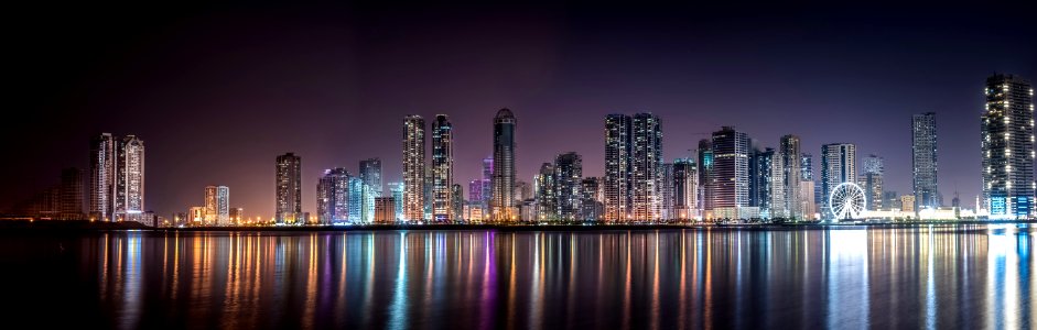 Panoramic View Of City Lit Up At Night photo