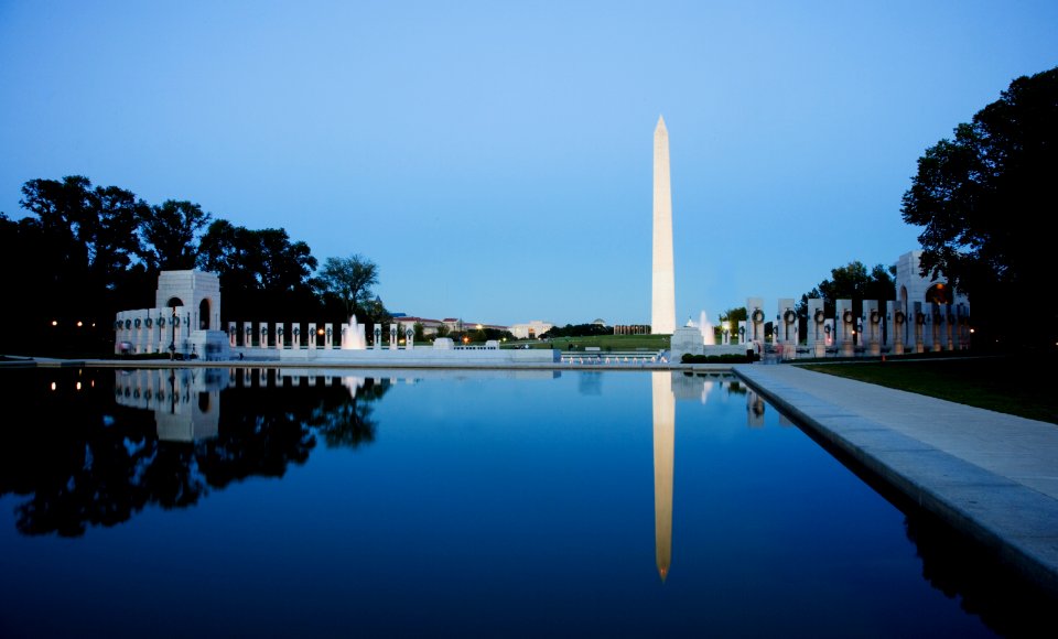 Reflection of the Washington Monument in the pool at Pool at the National Mall. Original image from Carol M. Highsmith’s America, Library of Congress collection.