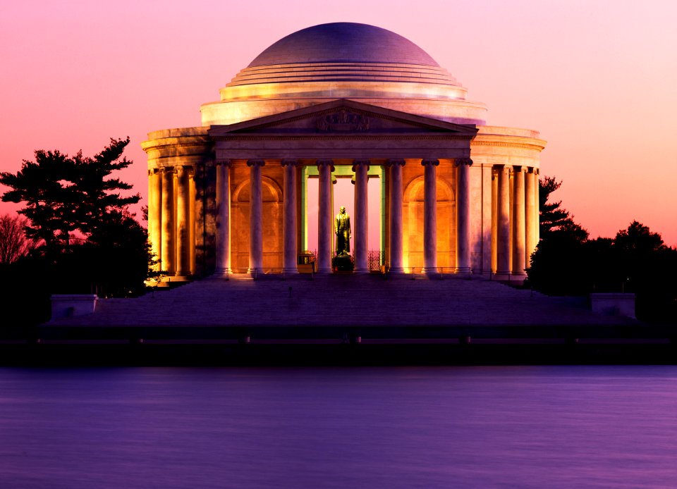 Jefferson Memorial at dusk. Original image from Carol M. Highsmith’s America, Library of Congress collection.