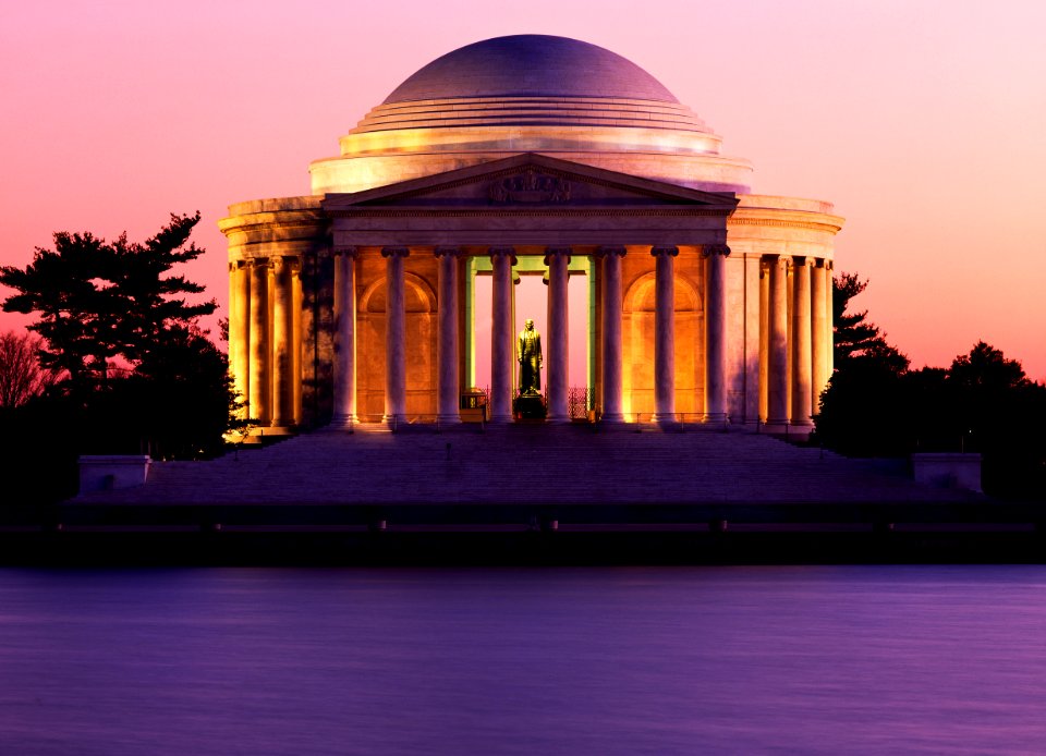 Jefferson Memorial at dusk. Original image from Carol M. Highsmith’s America, Library of Congress collection. photo