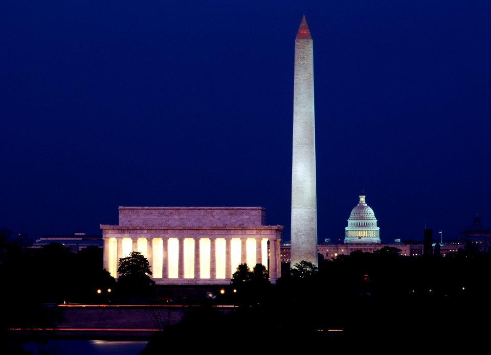 Our Treasured Washington Monuments at Night. Original image from Carol M. Highsmith’s America, Library of Congress collection.