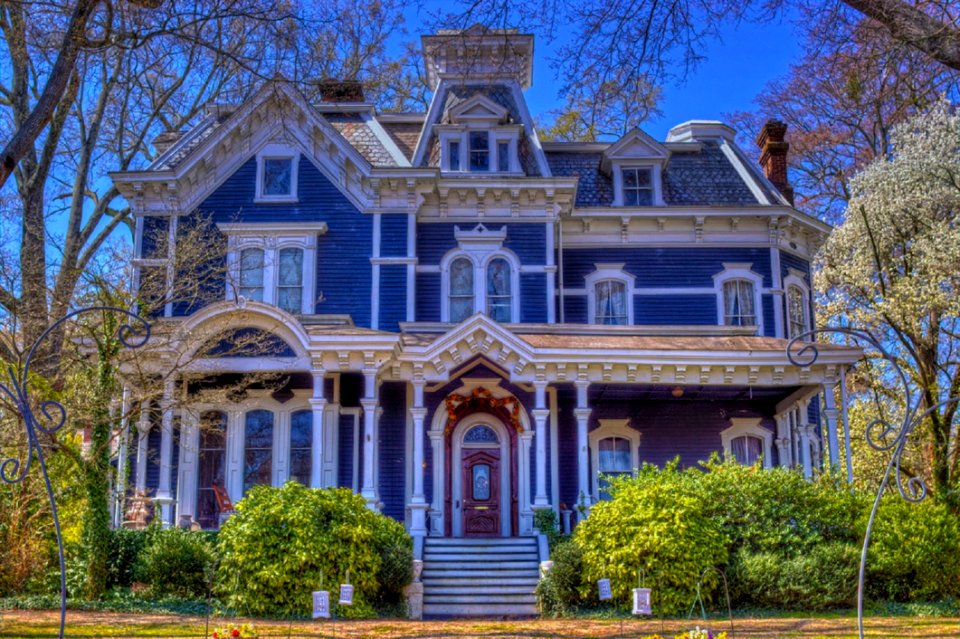 White Blue And Brown Painted House Near Green Plants