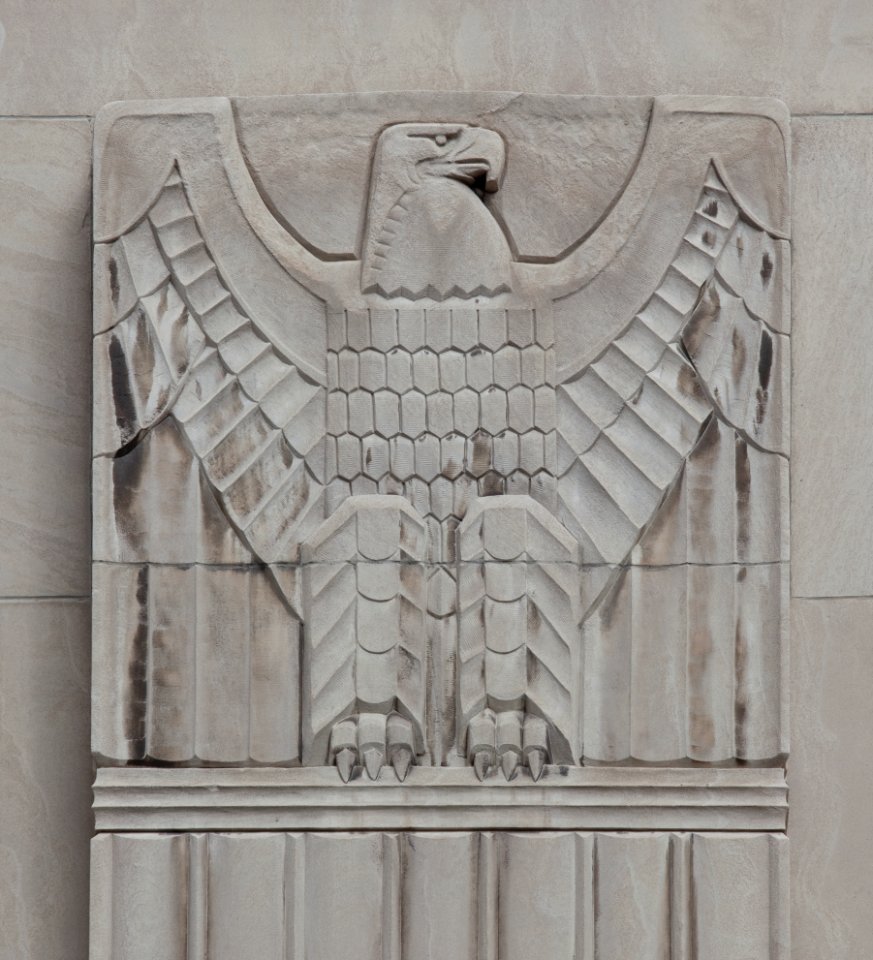 Exterior bas-relief, Theodore Levin United States Courthouse, Detroit Federal Building, Detroit, Michigan (2010) by Carol M. Highsmith. Original image from Library of Congress.