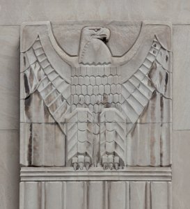 Exterior bas-relief, Theodore Levin United States Courthouse, Detroit Federal Building, Detroit, Michigan (2010) by Carol M. Highsmith. Original image from Library of Congress.