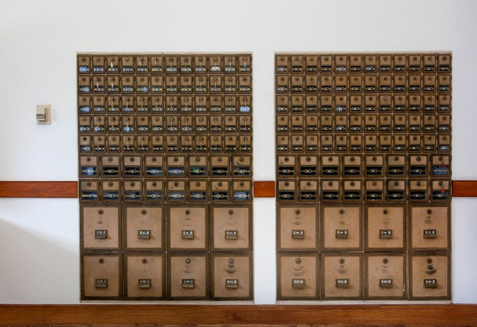 Post office boxes in the Isaac C. Parker Federal Building & U.S Courthouse, Fort Smith, Arkansas (2016) by Carol M. Highsmith. Original image from Library of Congress.