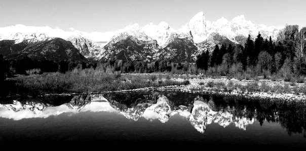 The majestic peaks of the Teton Range reflect in a mountain stream in Grand Teton National Park in northwestern Wyoming. Original image from Carol M. Highsmith’s America, Library of Congress collection. photo