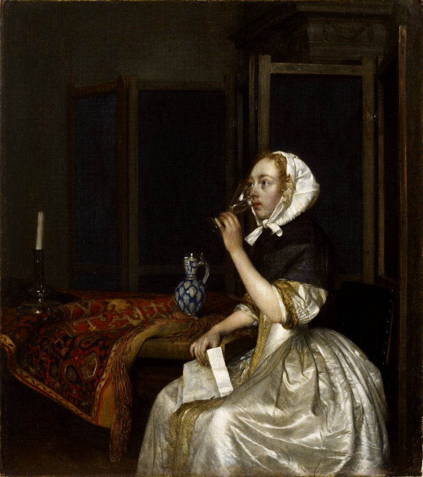 Gerard Ter Borch (16171681) Lady Seated Holding A Wineglass  Viini Juova Nainen Kirje Kdessn  Vindrickande