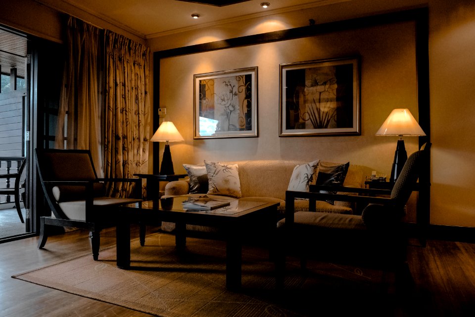 Brown Wooden Sofa Set With Lighted Table Lamp