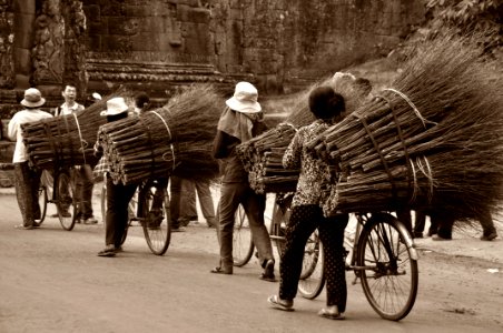 Asian Workers Transporting Brooms photo