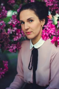 Woman Wearing Pink And White Collared Long Sleeve Dress Shirt Under Blooming Pink Petaled Flower photo